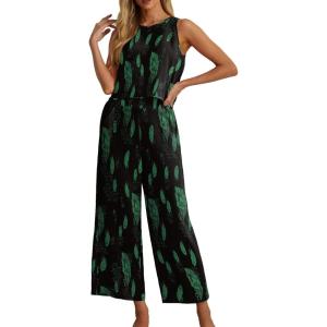 imageIWOLLENCE Womens Summer 2 Piece Outfits Set Round neck Sleeveless Tank Crop Top Wide Leg pants Set Pockets JumpsuitsB Black Green Leaf