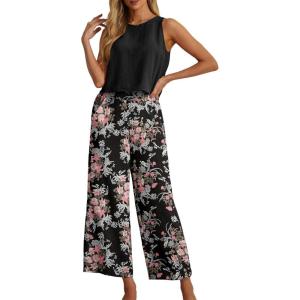 imageIWOLLENCE Womens Summer 2 Piece Outfits Set Round neck Sleeveless Tank Crop Top Wide Leg pants Set Pockets JumpsuitsB Black Ishitake