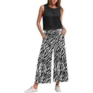 imageIWOLLENCE Womens Summer 2 Piece Outfits Set Round neck Sleeveless Tank Crop Top Wide Leg pants Set Pockets JumpsuitsB Black Tree Grain