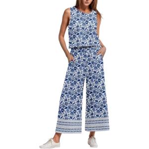 imageIWOLLENCE Womens Summer 2 Piece Outfits Set Round neck Sleeveless Tank Crop Top Wide Leg pants Set Pockets JumpsuitsB Blue Porcelain