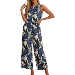 imageIWOLLENCE Womens Summer 2 Piece Outfits Set Round neck Sleeveless Tank Crop Top Wide Leg pants Set Pockets JumpsuitsB Colorful Banana Leaf