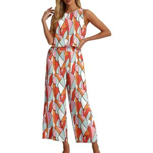 imageIWOLLENCE Womens Summer 2 Piece Outfits Set Round neck Sleeveless Tank Crop Top Wide Leg pants Set Pockets JumpsuitsB Colorful Geometry 02