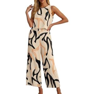 imageIWOLLENCE Womens Summer 2 Piece Outfits Set Round neck Sleeveless Tank Crop Top Wide Leg pants Set Pockets JumpsuitsB Geometry Ribbon