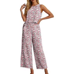 imageIWOLLENCE Womens Summer 2 Piece Outfits Set Round neck Sleeveless Tank Crop Top Wide Leg pants Set Pockets JumpsuitsB Gray Ishitake