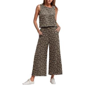 imageIWOLLENCE Womens Summer 2 Piece Outfits Set Round neck Sleeveless Tank Crop Top Wide Leg pants Set Pockets JumpsuitsB Ld Dark Khaki