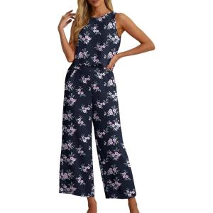 imageIWOLLENCE Womens Summer 2 Piece Outfits Set Round neck Sleeveless Tank Crop Top Wide Leg pants Set Pockets JumpsuitsB Navy Plum Blossom