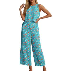 imageIWOLLENCE Womens Summer 2 Piece Outfits Set Round neck Sleeveless Tank Crop Top Wide Leg pants Set Pockets JumpsuitsB Orange Safflower