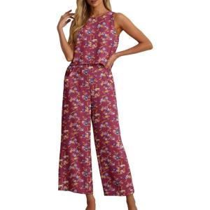 imageIWOLLENCE Womens Summer 2 Piece Outfits Set Round neck Sleeveless Tank Crop Top Wide Leg pants Set Pockets JumpsuitsB Purple Ishitake