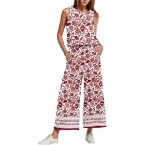 imageIWOLLENCE Womens Summer 2 Piece Outfits Set Round neck Sleeveless Tank Crop Top Wide Leg pants Set Pockets JumpsuitsB Red Porcelain