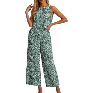imageIWOLLENCE Womens Summer 2 Piece Outfits Set Round neck Sleeveless Tank Crop Top Wide Leg pants Set Pockets JumpsuitsB White Floral Print