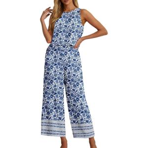 imageIWOLLENCE Womens Summer 2 Piece Outfits Set Round neck Sleeveless Tank Crop Top Wide Leg pants Set Pockets JumpsuitsR01 Blue Porcelain