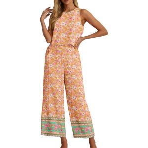 imageIWOLLENCE Womens Summer 2 Piece Outfits Set Round neck Sleeveless Tank Crop Top Wide Leg pants Set Pockets JumpsuitsR01 Orange Sakura