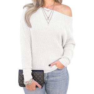 imageIWOLLENCE Off The Shoulder Sweaters for Women Waffle Knit Batwing Long Sleeve Loose Pullover Sweater02 White