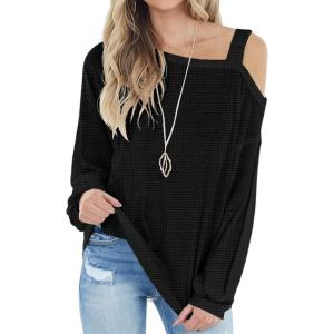 imageIWOLLENCE Womens Cold Shoulder Tops Long Sleeve Shirts Blouse Waffle Knit Tunic Casual Tops Loose Fit01 Black