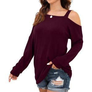 imageIWOLLENCE Womens Cold Shoulder Tops Long Sleeve Shirts Blouse Waffle Knit Tunic Casual Tops Loose Fit02 Wine Red