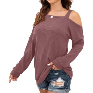 imageIWOLLENCE Womens Cold Shoulder Tops Long Sleeve Shirts Blouse Waffle Knit Tunic Casual Tops Loose Fit03 Rust Red