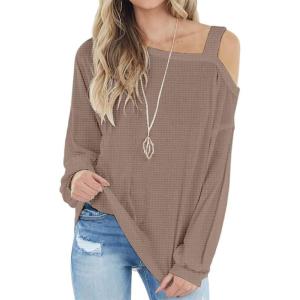 imageIWOLLENCE Womens Cold Shoulder Tops Long Sleeve Shirts Blouse Waffle Knit Tunic Casual Tops Loose Fit06 Khaki