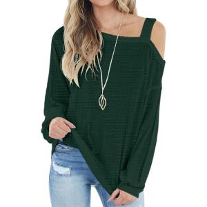 imageIWOLLENCE Womens Cold Shoulder Tops Long Sleeve Shirts Blouse Waffle Knit Tunic Casual Tops Loose Fit07 Dark Green