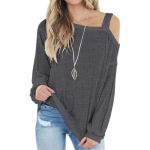 imageIWOLLENCE Womens Cold Shoulder Tops Long Sleeve Shirts Blouse Waffle Knit Tunic Casual Tops Loose Fit08 Dark Gray