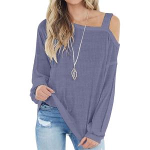 imageIWOLLENCE Womens Cold Shoulder Tops Long Sleeve Shirts Blouse Waffle Knit Tunic Casual Tops Loose Fit09 Purple Gray
