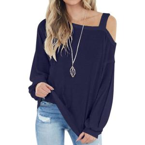 imageIWOLLENCE Womens Cold Shoulder Tops Long Sleeve Shirts Blouse Waffle Knit Tunic Casual Tops Loose Fit10 Navy Blue