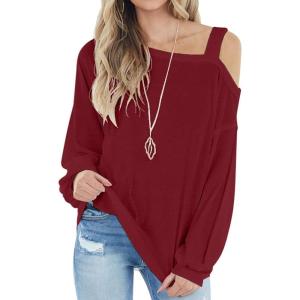 imageIWOLLENCE Womens Cold Shoulder Tops Long Sleeve Shirts Blouse Waffle Knit Tunic Casual Tops Loose Fit12 Red