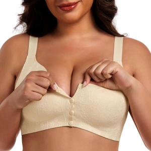 imageIWOLLENCE Womens Front Snap Closure Daisy Bras Soft Seamless Wireless Lace Bralettes Comfort Full Coverage BraApricot
