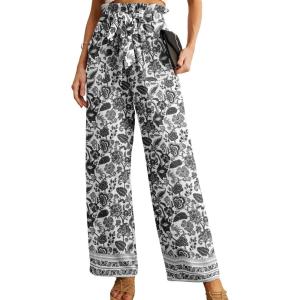imageIWOLLENCE Womens Wide Leg Pants with Pockets High Waist Adjustable Knot Loose Casual Trousers Business Work Casual Pants46 Black Two Porcelain