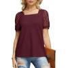 imageIWOLLENCE Womens Waffle Knit Blouse Puff LongShort Sleeve Lace Tops Casual Loose T Shirts03 Wine Red
