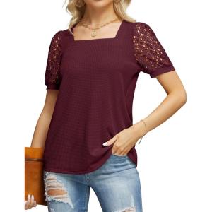 imageIWOLLENCE Womens Waffle Knit Blouse Puff LongShort Sleeve Lace Tops Casual Loose T Shirts03 Wine Red