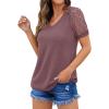 imageIWOLLENCE Waffle Knit Lace Short Sleeve Blouses V Neck T Shirts Summer Casual Tops for Women02 Rust Red