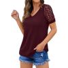 imageIWOLLENCE Waffle Knit Lace Short Sleeve Blouses V Neck T Shirts Summer Casual Tops for Women05 Wine Red