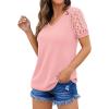 imageIWOLLENCE Waffle Knit Lace Short Sleeve Blouses V Neck T Shirts Summer Casual Tops for Women06 Pink