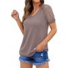 imageIWOLLENCE Waffle Knit Lace Short Sleeve Blouses V Neck T Shirts Summer Casual Tops for Women07 Khaki