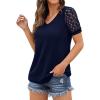 imageIWOLLENCE Waffle Knit Lace Short Sleeve Blouses V Neck T Shirts Summer Casual Tops for Women09 Navy Blue
