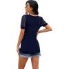 imageIWOLLENCE Waffle Knit Lace Short Sleeve Blouses V Neck T Shirts Summer Casual Tops for Women09 Navy Blue