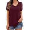 imageIWOLLENCE Waffle Knit Lace Short Sleeve Blouses V Neck T Shirts Summer Casual Tops for Women05 Wine Red