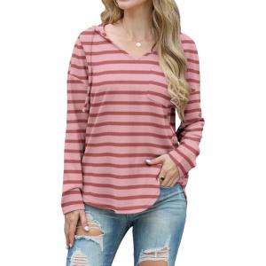 imageIWOLLENCE 2025 Fall Fashion Hoodies Sweatshirts Drawstring Casual Loose Long Sleeve Tops Shirts15pink Red Stripe