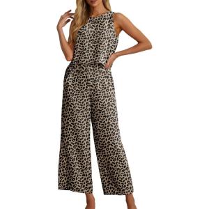 imageIWOLLENCE Womens Summer 2 Piece Outfits Set Round neck Sleeveless Tank Crop Top Wide Leg pants Set Pockets JumpsuitsR01 Ld Dark Khaki