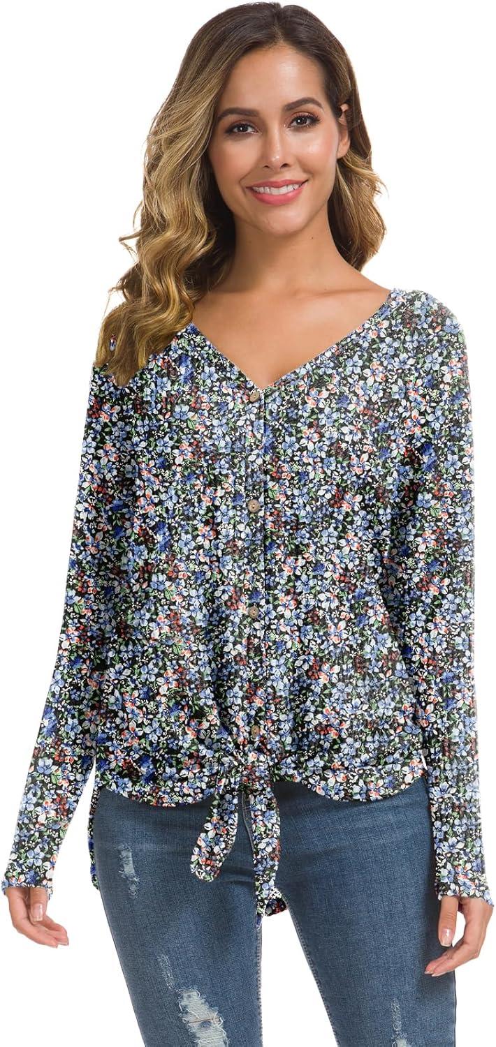 imageIWOLLENCE Womens Waffle Knit Tunic Blouse Tie Knot Henley Tops Loose Fitting Bat Wing Plain ShirtsZ01black Anemone