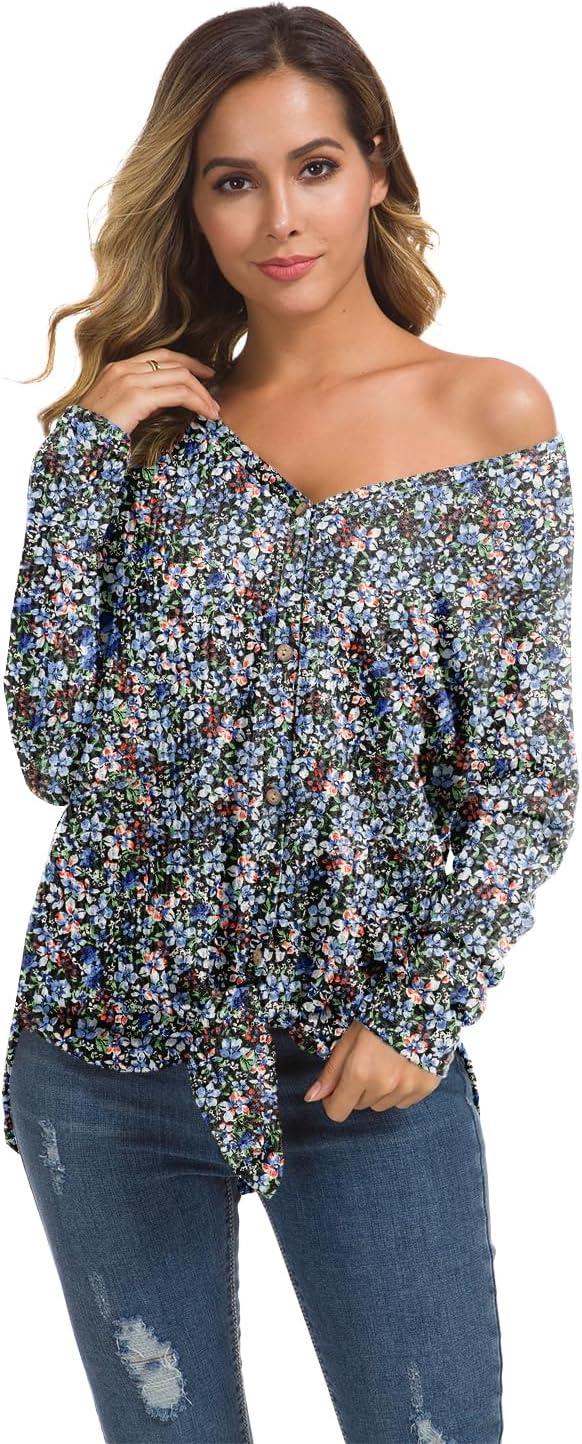 imageIWOLLENCE Womens Waffle Knit Tunic Blouse Tie Knot Henley Tops Loose Fitting Bat Wing Plain ShirtsZ01black Anemone