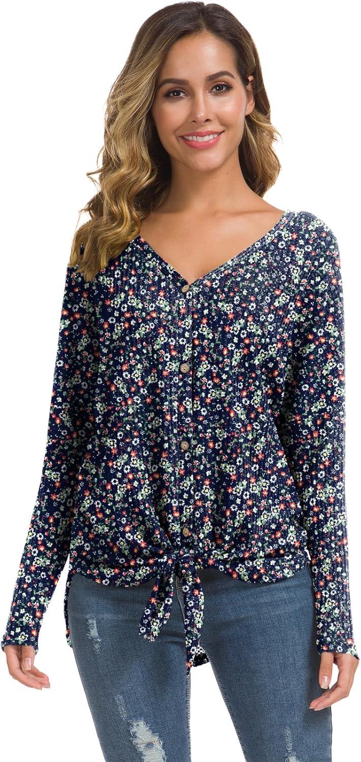 imageIWOLLENCE Womens Waffle Knit Tunic Blouse Tie Knot Henley Tops Loose Fitting Bat Wing Plain ShirtsZ01navy White Flower