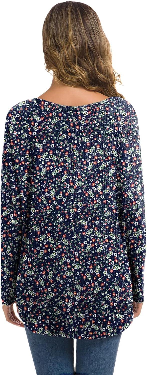 imageIWOLLENCE Womens Waffle Knit Tunic Blouse Tie Knot Henley Tops Loose Fitting Bat Wing Plain ShirtsZ01navy White Flower