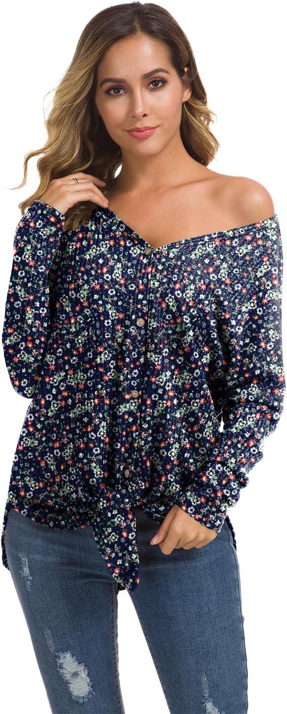 imageIWOLLENCE Womens Waffle Knit Tunic Blouse Tie Knot Henley Tops Loose Fitting Bat Wing Plain ShirtsZ01navy White Flower