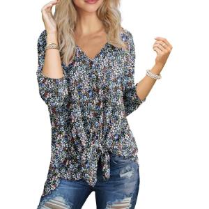 imageIWOLLENCE Womens Waffle Knit Tunic Blouse Tie Knot Henley Tops Loose Fitting Bat Wing Plain ShirtsZ01black Anemone
