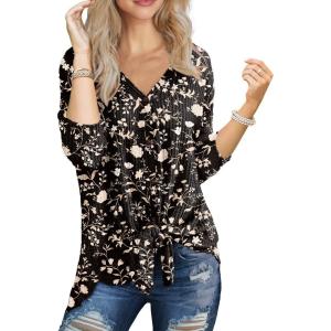imageIWOLLENCE Womens Waffle Knit Tunic Blouse Tie Knot Henley Tops Loose Fitting Bat Wing Plain ShirtsZ01black Apricot Flower