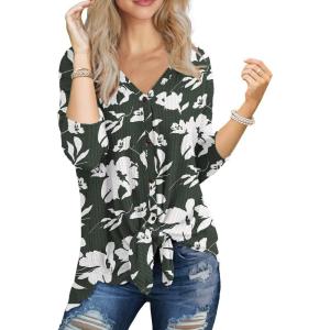 imageIWOLLENCE Womens Waffle Knit Tunic Blouse Tie Knot Henley Tops Loose Fitting Bat Wing Plain ShirtsZ01green Frost Flower