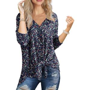 imageIWOLLENCE Womens Waffle Knit Tunic Blouse Tie Knot Henley Tops Loose Fitting Bat Wing Plain ShirtsZ01navy White Flower