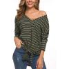 imageIWOLLENCE Womens Waffle Knit Tunic Blouse Tie Knot Henley Tops Loose Fitting Bat Wing Stripe T Shirt Stripe Army Green Small