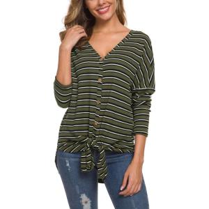 imageIWOLLENCE Womens Waffle Knit Tunic Blouse Tie Knot Henley Tops Loose Fitting Bat Wing Stripe T Shirt Stripe Army Green Small